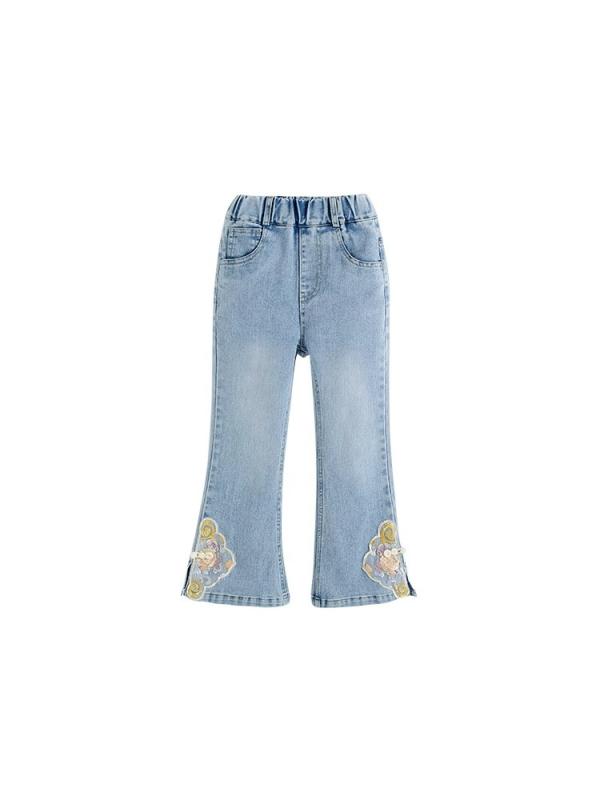 パンツ 女の子 デニム フレア カジュアル ロング 綿 素材 柔らかい 春秋 秋 かわいい プリンセス トレンド 普段使い ミッドライズ 伸縮性 子供 3歳から8歳 100cmから140cm 青