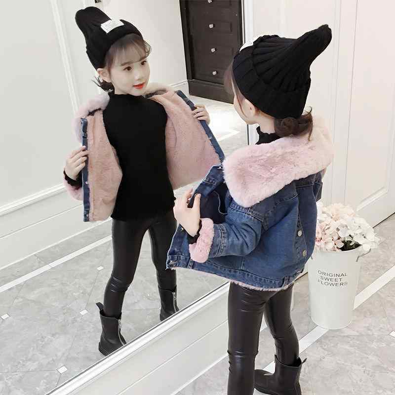 ジャケット 女の子 秋冬 デニム 暖か 厚手 長袖 ショート丈 青 ファー ラペルカラー コットン ポリエステル 無地 トレンド かわいい おしゃれ カジュアル シングルボタン