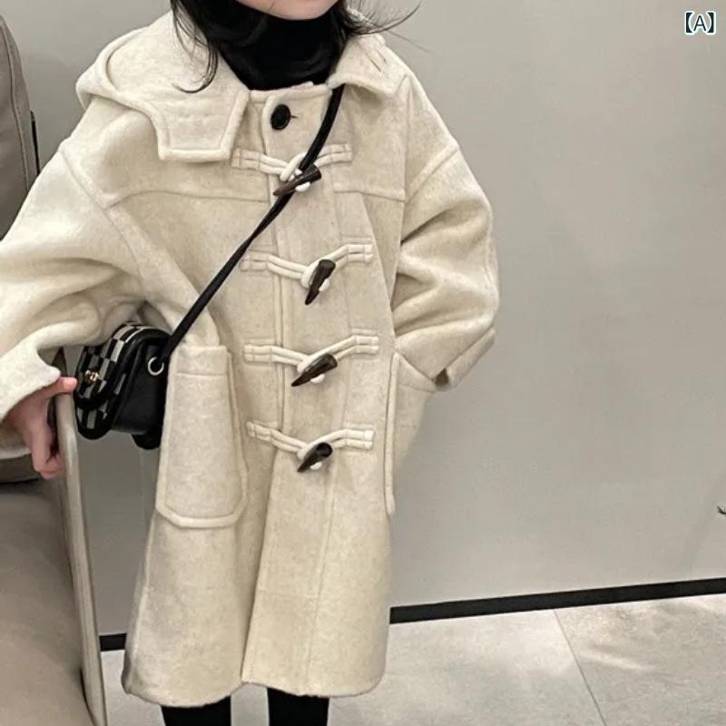 コート 女の子 秋冬 韓国 ホーンバトン ウール調 ミドルレングス 長袖 ポリエステル 柔らかい トレンド キッズ アウター 普段使い 伸縮性 シンプル