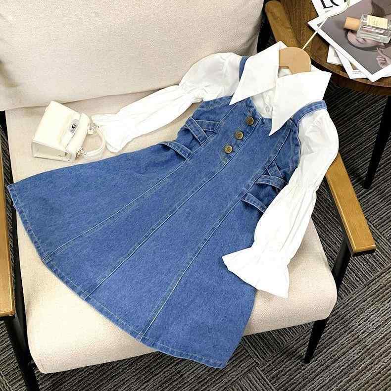 女の子 ワンピース セット デニム 長袖 綿 春秋 無地 プリンセススカート 柔らかい 生地 かわいい スタイリッシュ 普段使い コーディネート