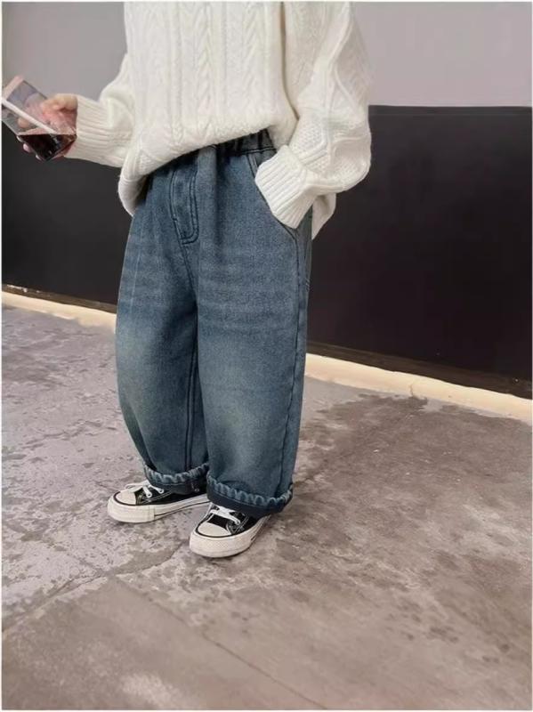 デニムパンツ 男の子 中小童 秋冬 暖か 厚手 ワイドレッグ ロングパンツ フリース裏地 綿素材 柔らかい 無地 アルファベット プリント 韓国スタイル イージーウエスト 股開き