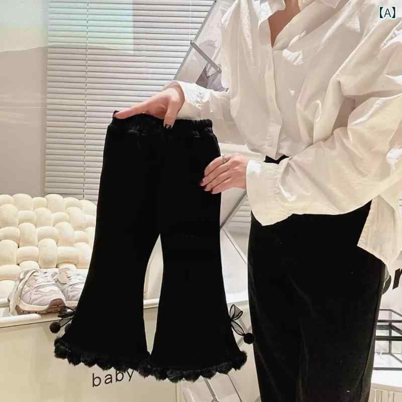 パンツ 男の子 女の子 ワイドレッグ 蝶結び リボン ロング 綿 柔らかい 普段使い カジュアル フリル 裏起毛 暖か 秋冬 黒 ブラウン おしゃれ スタイリッシュ トレンド キッズ レジャー 柔軟素材 快適 保湿