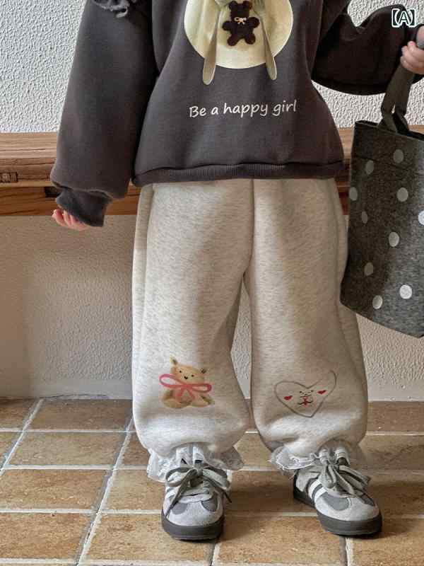 パンツ 女の子 秋冬 フリース ジョガーパンツ 厚手 保温 綿 ニット カジュアル プリント柄 ライトグレー ピンク かわいい 子供服 柔らかい 普段使い