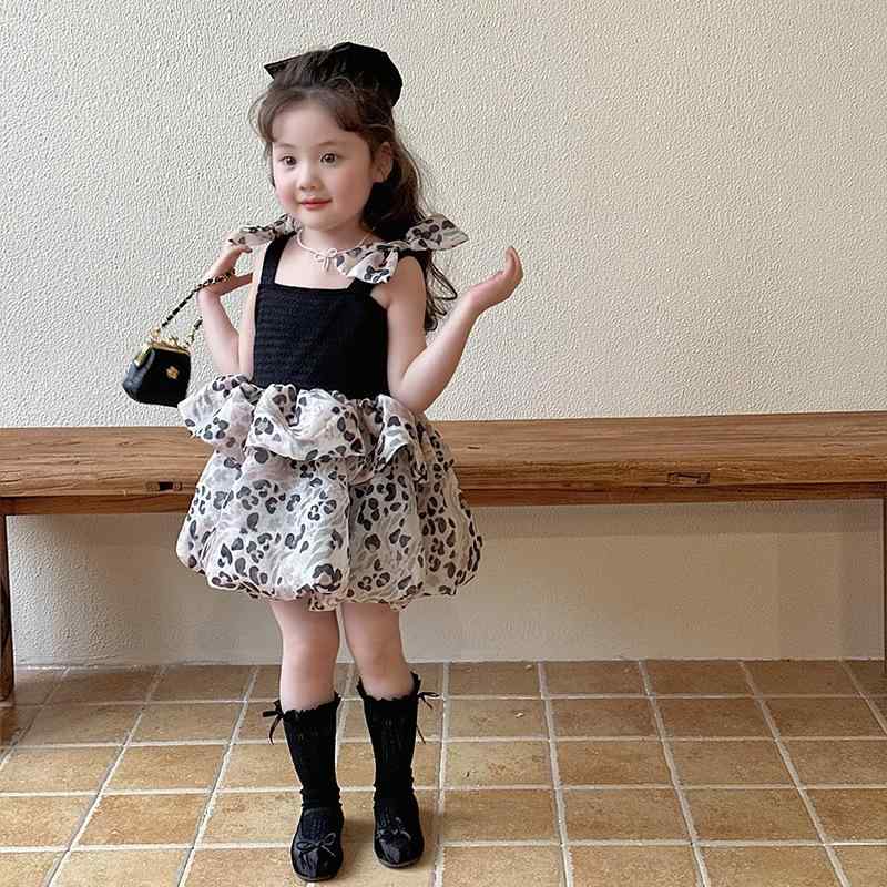 ワンピース 女の子 夏 吊り紐 プリンセススカート ヒョウ柄 黒 リボン チュール 柔らかい ポリエステル コットン ライニング 子供服 おしゃれ かわいい 普段使い 軽量 伸縮性