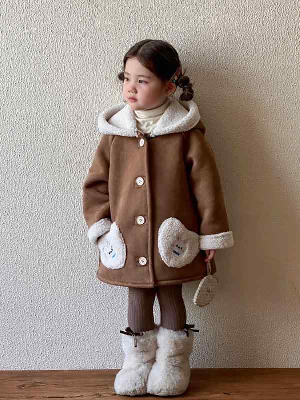 暖かコート 女の子 キッズ 秋冬 中長丈 ファー一体 フード 人工 モフモフ ふわふわ かわいい イラスト柄 ピンク ブラウン ポリエステル裏地 アウター