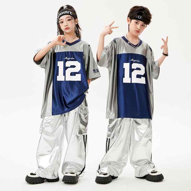 子供 ダンス服 男の子 女の子 ヒップホップ ストリート ファッション ゆったり 光沢 レザー セット 半袖 グレー トップス 黒 ストライプ ロング パンツ ポリエステル 柔らかい
