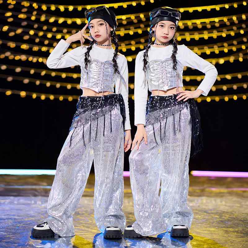 ダンス衣装 女の子 ヒップホップ ジャズ セット 白 長袖トップス 銀 ロングパンツ 黒 ヘッドスカーフ チョーカー ラメベルト ストリート スタイリッシュ 子供 オールシーズン ポリエステル 柔軟素材 かわいい