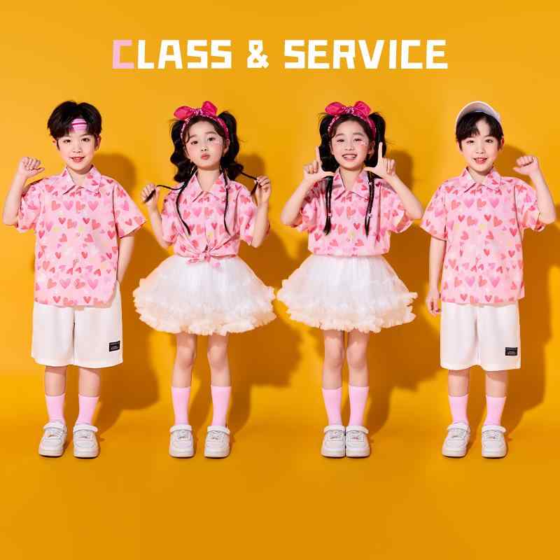 チアリーディング衣装 子供 男の子 女の子 ピンク ハート シャツ 白 ショーツ セット 夏 柔らかい ポリエステル かわいい パフォーマンス 運動 トップス ハーフパンツ ダンス 半袖 軽量 伸縮性