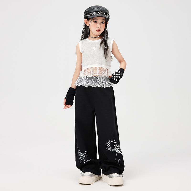ダンス衣装 女の子 キッズ ヒップホップ ジャズ 半袖 トップス グレー レース 蝶々 プリント ロングパンツ ブラック セット 柔軟素材 ポリエステル ストリート クール スタイル オールシーズン パフォーマンス ステージ レッスン 普段使い かわいい