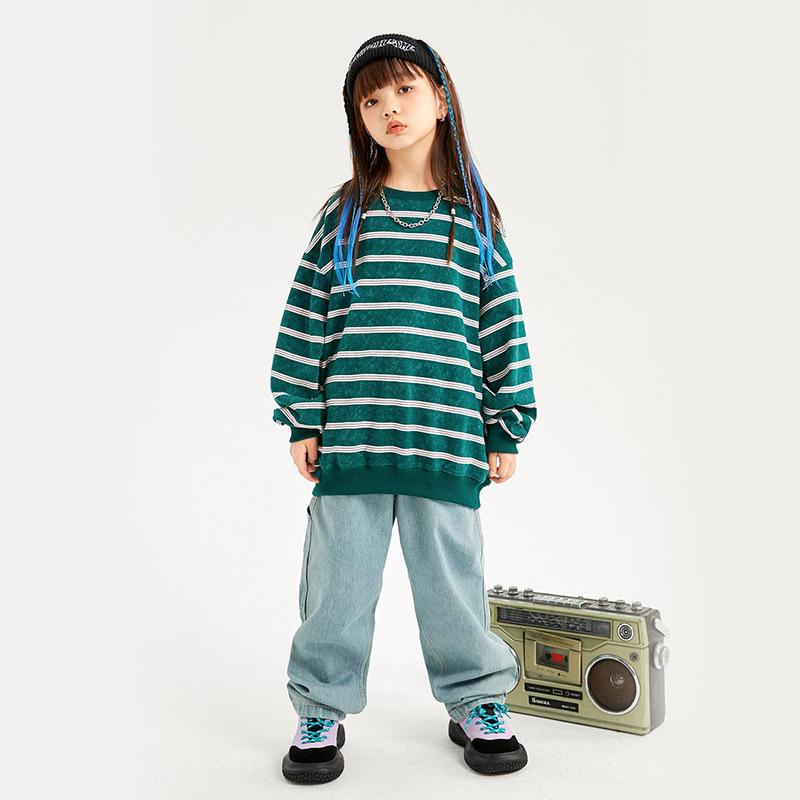 子供 ダンス衣装 男の子 女の子 ヒップホップ ストリートダンス ゆったり 長袖 パーカー セット コットン 柔軟 秋 墨緑 ストライプ ブルー デニム ブラック ベスト クール 潮