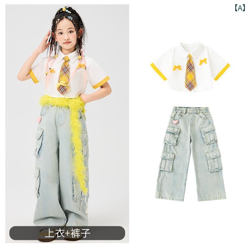 子供 ダンス衣装 女の子 ジャズ ヒップホップ ストリート クール 半袖 切り替え プリント シャツ デニム パンツ マルチポケット チェック タイ 黄色 フリンジ セット 白 黄色 ライトブルー ポリエステル 柔らかい オールシーズン