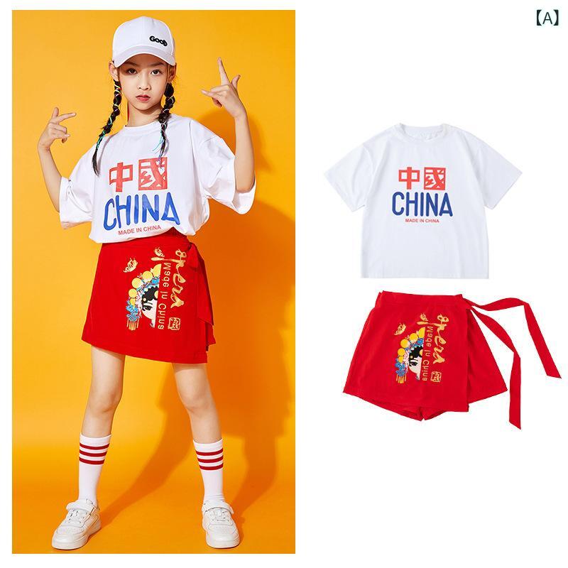 チアリーディング衣装 キッズ 男の子 女の子 中国風 夏 白 赤 綿 半袖 柔らかい ダンス 運動会 幼稚園 小学生 クラスユニフォーム セット かわいい イベント 顔譜柄 おしゃれ