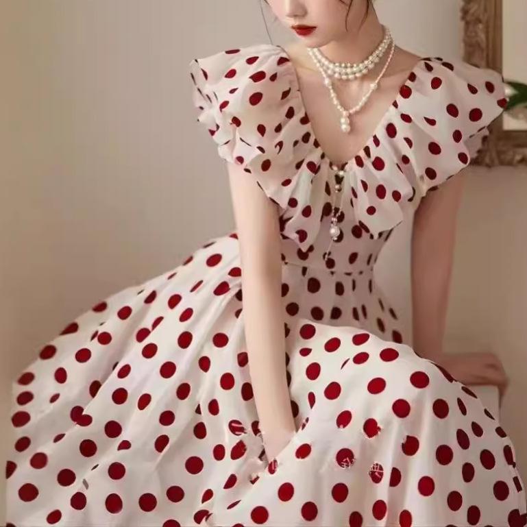 ワンピース レディース ポルカドット フリル Aライン ミドル丈 Vネック ノースリーブ ハイウエスト 夏 ポリエステル シンプル カジュアル 韓国 高級感 エレガント