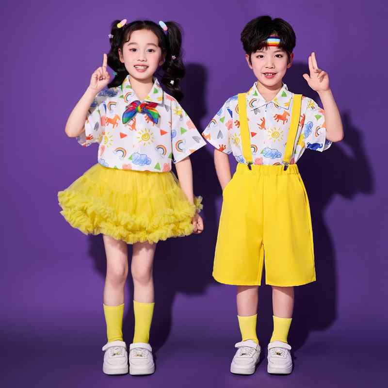 チアリーダー衣装 子供 男の子 女の子 夏 卒業式 幼稚園 小学生 ダンス パフォーマンス シャツ ショーツ スカート セット 虹色 黄色 ポリエステル 柔軟 スポーツスタイル 動きやすい