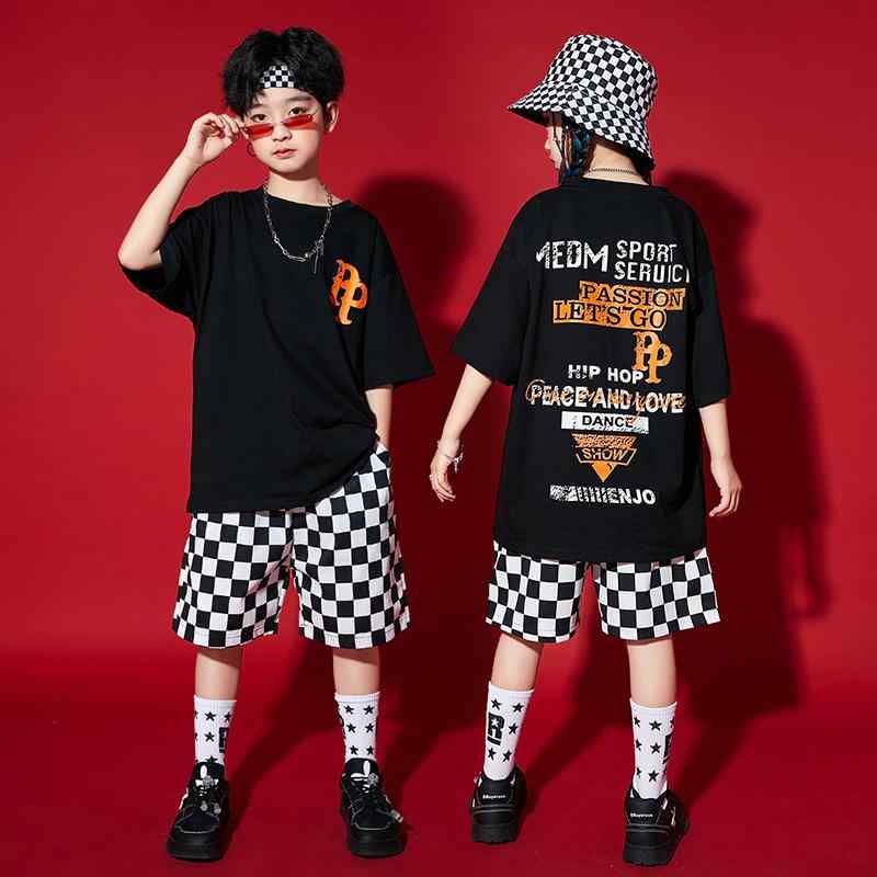 ダンスウェア 男の子 女の子 ヒップホップ ストリートスタイル 子供服 綿素材 柔らかい 半袖Tシャツ 黒白チェック ショートパンツ セット オールシーズン