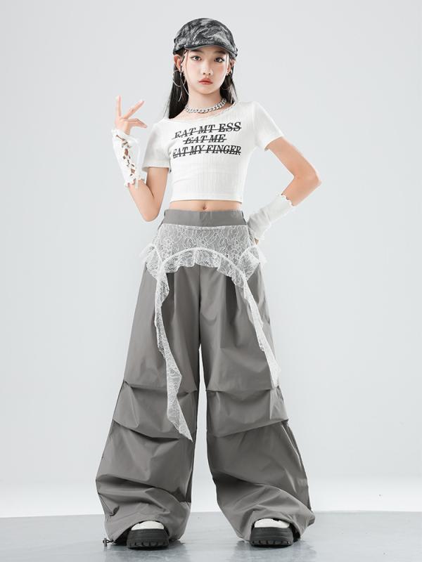 ジャズダンス衣装 女の子 夏 練習着 セット レース ノースリーブ トップス ロングパンツ ポリエステル 綿 白 グレー 柔らかい クール スタイリッシュ