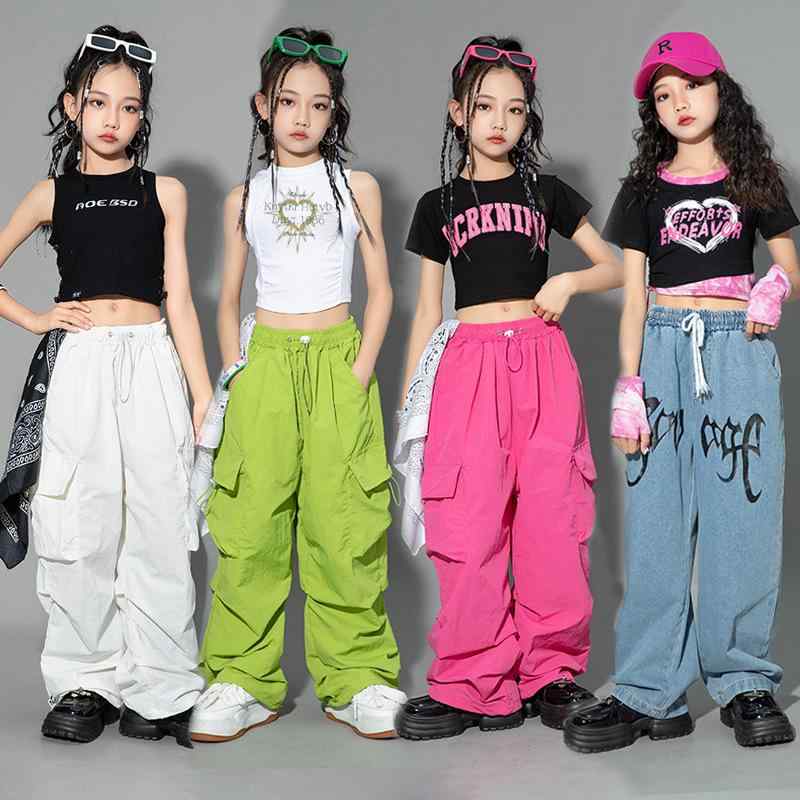 ジャズダンス衣装 女の子 ストリートダンス ヒップホップ 夏 ステージ 演出 半袖 短丈 トップス ロングパンツ セット ピンク 黒 白 かわいい おしゃれ