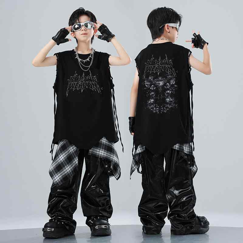 キッズ 男の子 ストリートダンス 衣装 ノースリーブタンクトップ セット 黒 クールスタイル ポリエステル レース 切り替え 春 普段使い ダンスパフォーマンス ヒップホップ ブレーキング トレンド 子供服 アクティブウェア