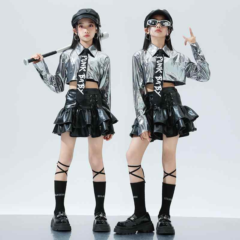 ダンス衣装 女の子 ジャズダンス キッズ ストリートダンス レザー シルバー シャツ スカート 黒 領帯 秋 クール スタイリッシュ 表演 トレンド 子供用 コスチューム