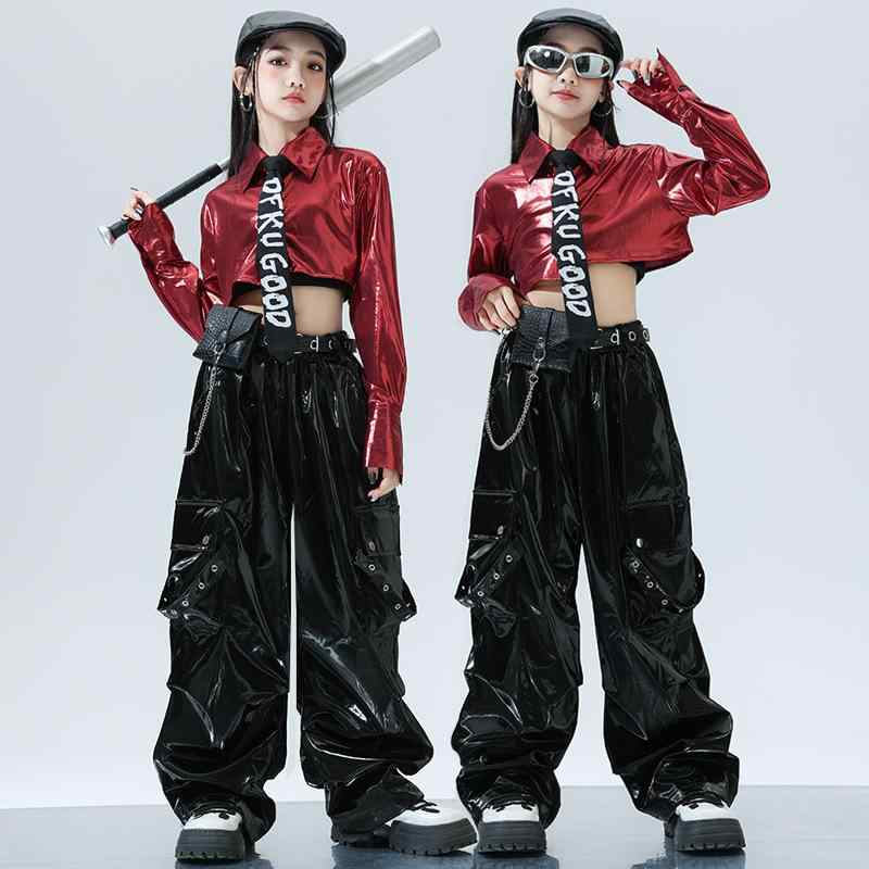 ダンス衣装 女の子 ジャズダンス ヒップホップ 秋 赤 黒 銀 スタイリッシュ ストリート レザーパンツ シャツ ネクタイ ベルト トレンド 子供服 普段使い かわいい