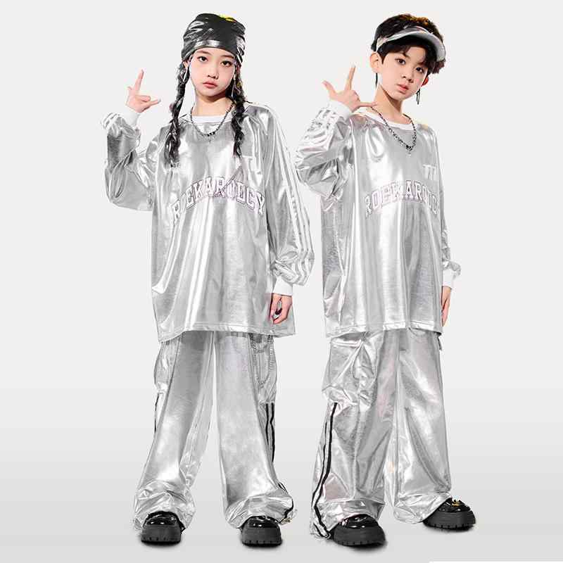 ダンス衣装 子供 男の子 女の子 ストリートダンス ヒップホップ ジャズダンス ルーズ 光沢レザー セット ポリエステル 柔軟 トレンド 銀 黒 オールシーズン パフォーマンス キッズウェア ダンスウェア ステージ衣装