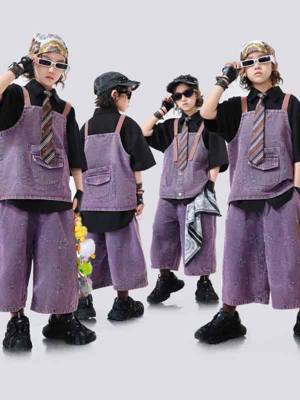 キッズ ダンスウェア 男の子 ヒップホップ ストリートダンス ファッション クール かっこいい 半袖 トップス クロップドパンツ サスペンダー ベスト 夏 セット 紫