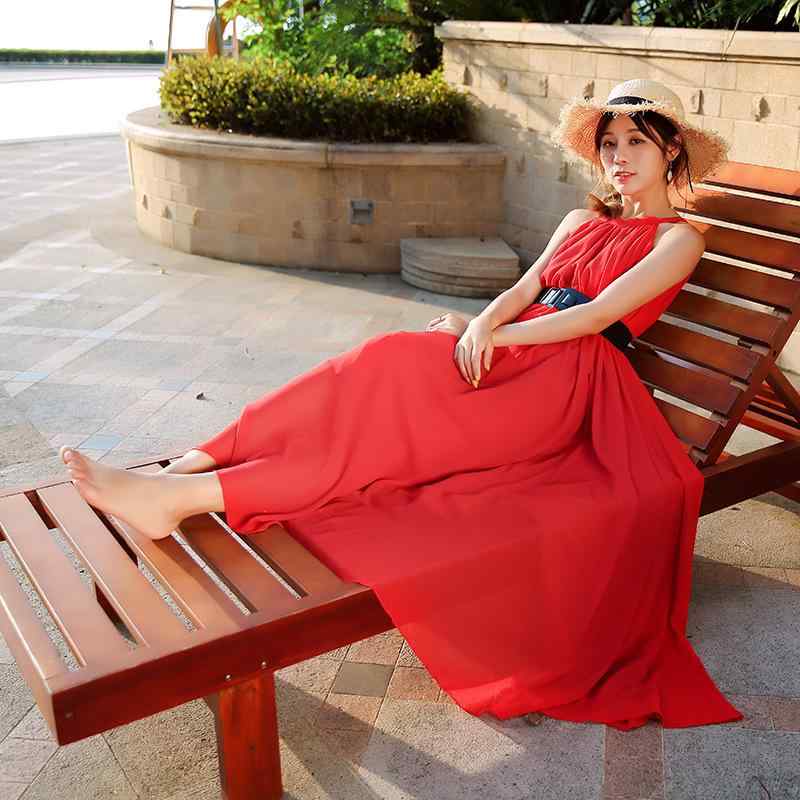 ワンピース レディース シフォン ロング ハルターネック ノースリーブ ゆったり 紐 無地 プリント 春夏 ビーチ リゾート かわいい 高級感 オレンジ ブルー ベージュ