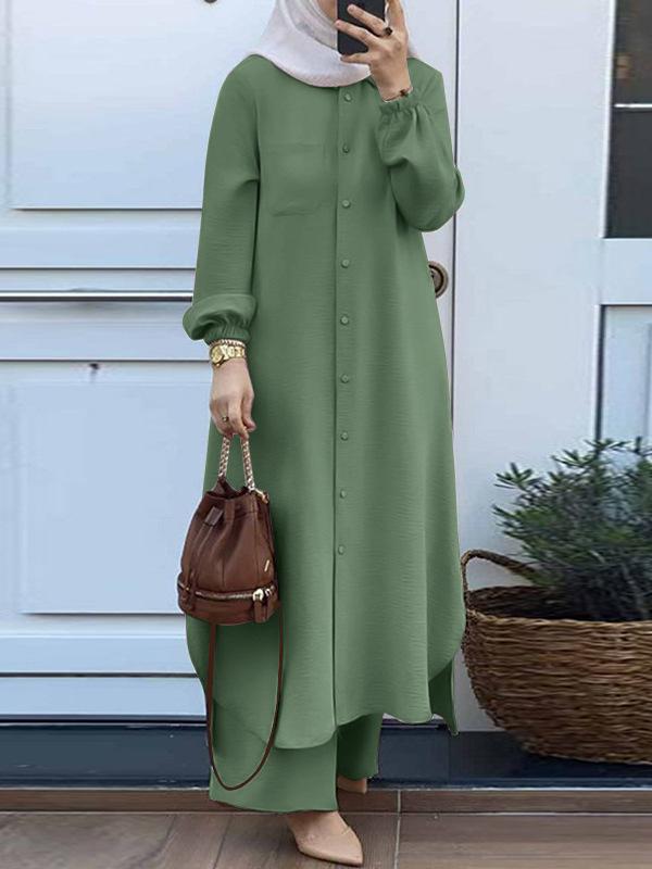 レディース シャツ パンツ セット アラビア風 長袖 ロングパンツ 秋 伸縮性 ギャザー ポケット ポリエステル混 ブラック グリーン ベージュ 普段使い