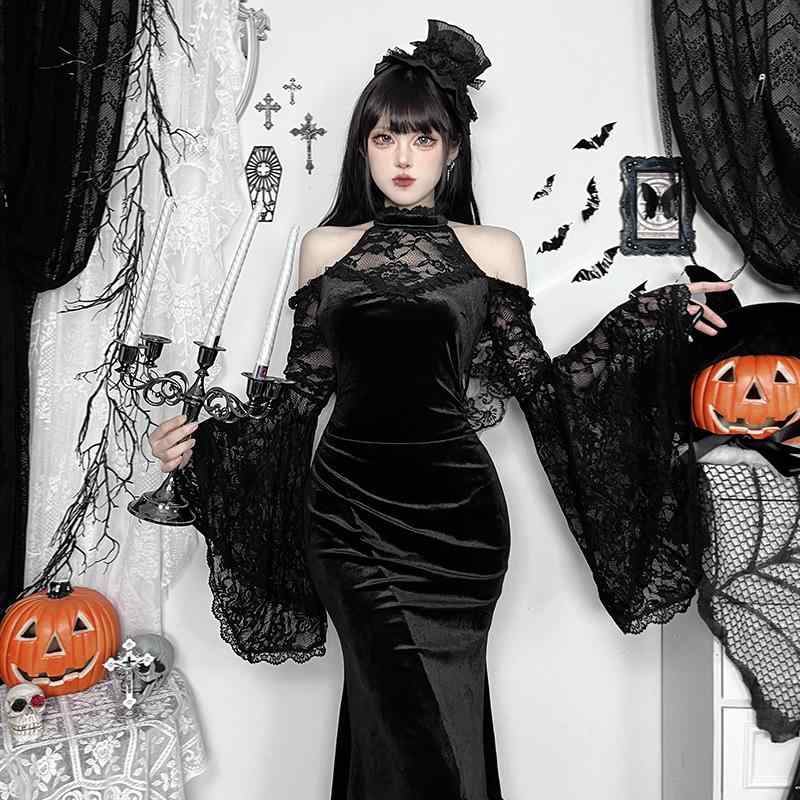 ワンピース レディース 秋 ハロウィン 魔女 ロングドレス オフショルダー 長袖 フレアスリーブ ハルターネック ハイウエスト ヒップハグ セクシー ダークスタイル スリムフィット 切り替え エンボス ポリエステル ストレッチ 黒