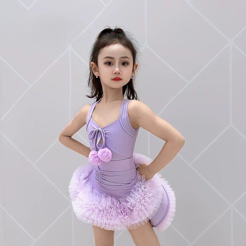 ラテン舞 練習服 女の子 チャイナ風 レトロ スカート 紫 ピンク 子供用 パフォーマンス衣装 春夏 ダンス ステージ かわいい 高級感 軽量 PVC ビニール 素材 伸縮性 普段使い