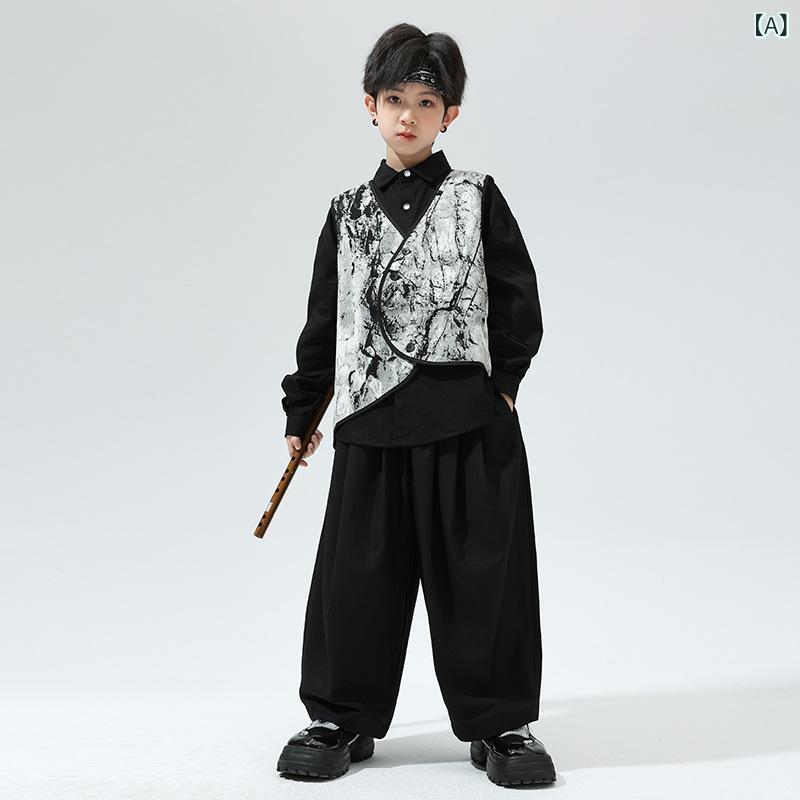 ダンス衣装 男の子 中国風 古風 セット ベスト 黒シャツ 黒ロングパンツ 墨絵柄 春 パフォーマンス ストリートダンス ステージ キッズ 普段使い 軽量 伸縮性