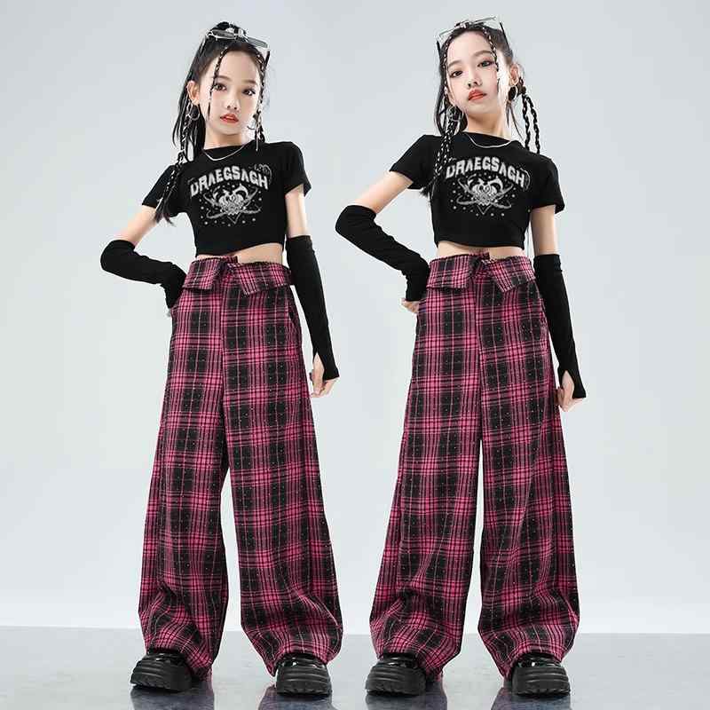子供ダンス衣装 女の子 ストリートダンス ヒップホップ ジャズダンス 練習着 公演服 セット 半袖トップス ロングパンツ 黒 ピンク チェック柄 かわいい おしゃれ ステージ