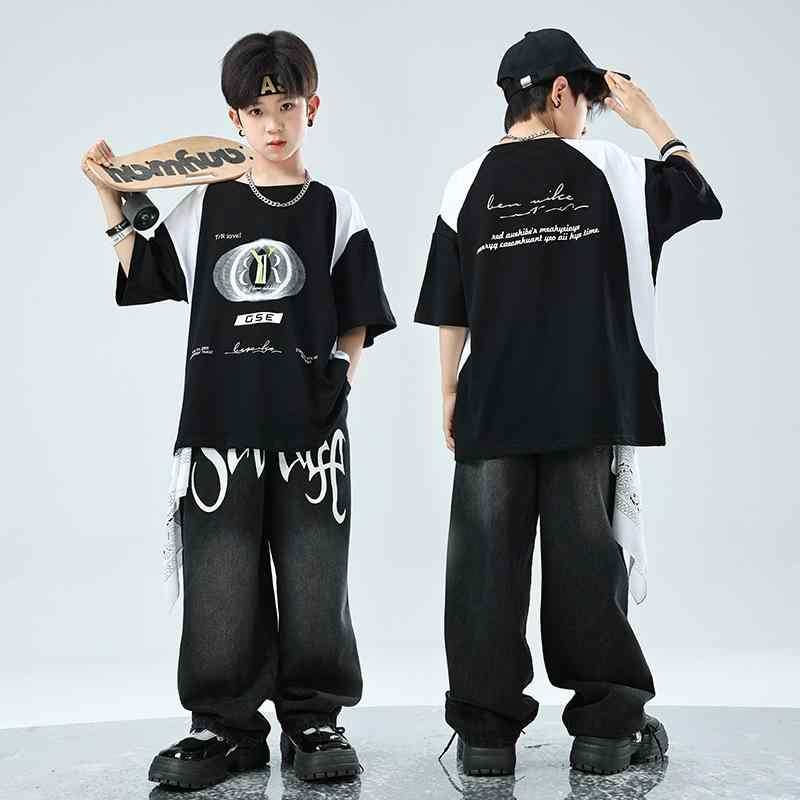 ダンス衣装 男の子 ストリートダンス ヒップホップ セット 春 黒白 切り替え 半袖 トップス 黒 デニム ロングパンツ 白 スカーフ アクセサリー かわいい パフォーマンス 普段使い