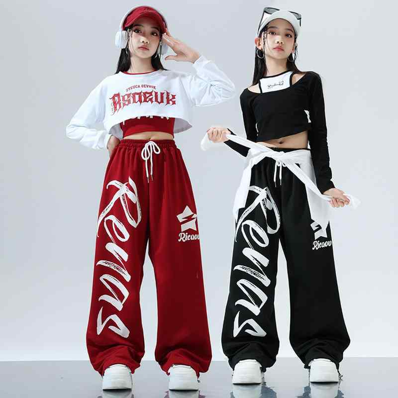 女の子 ジャズダンス 衣装 ヒップホップ セット ストリートダンス 秋 黒 白 赤 毛素材 かわいい パフォーマンス 動きやすい 子供用