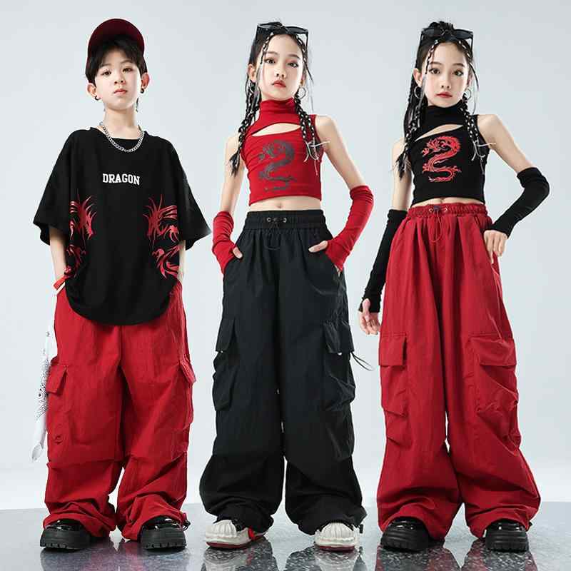 子供ダンス衣装 男の子 女の子 ヒップホップ ストリートダンス セット 半袖 ノースリーブ ロングパンツ カーゴパンツ 春夏 黒 赤 白 おしゃれ ステージ 演出 パフォーマンス 撮影