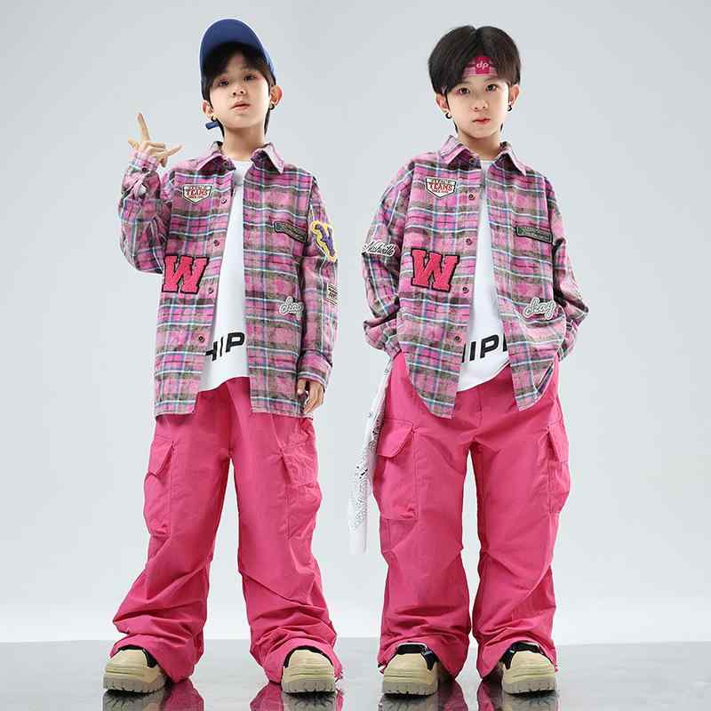 ダンス衣装 子供 男の子 女の子 ヒップホップ ストリート セット ピンクチェック シャツ 白長袖 ローズパンツ 白スカーフ クール かっこいい 表演 潮服 4,922円