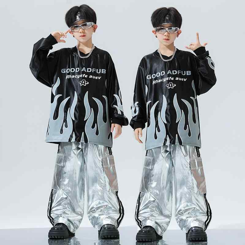 ダンス服 男の子 ヒップホップ ストリートダンス 長袖トップス 銀パンツ セット 冬 グレー シルバー 黒 子供演出衣装 ジャズダンス 潮服 炸街スタイル 普段使い
