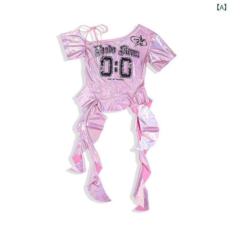ストリートダンス衣装 女の子 ジャズダンス オフショルダー 半袖 Tシャツ ストレートパンツ セット ピンク ブラック ヒップホップ スタイル 春 ポリエステル 伸縮性 軽量 表演服