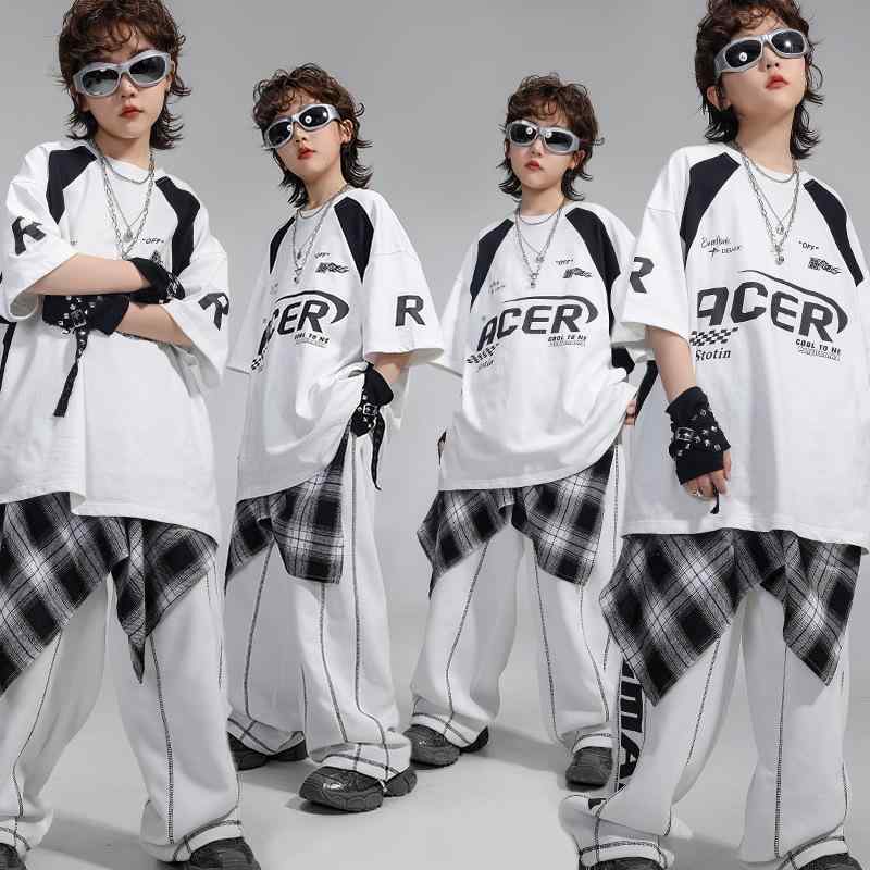 ダンス服 キッズ 男の子 女の子 ヒップホップ ストリート 半袖 セット 長ズボン 伸縮性 素材 夏 白 練習着 バイカースタイル かわいい 普段使い