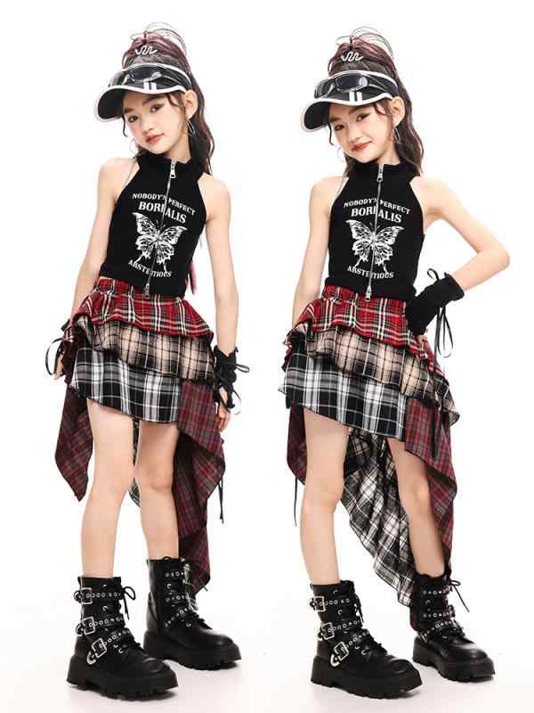 ダンス衣装 女の子 ジャズ K-POP ストリート 夏 黒 蝶々柄 タンクトップ 赤黄グレー チェック スカート ポリエステル トレンド ステージ パフォーマンス かわいい セット