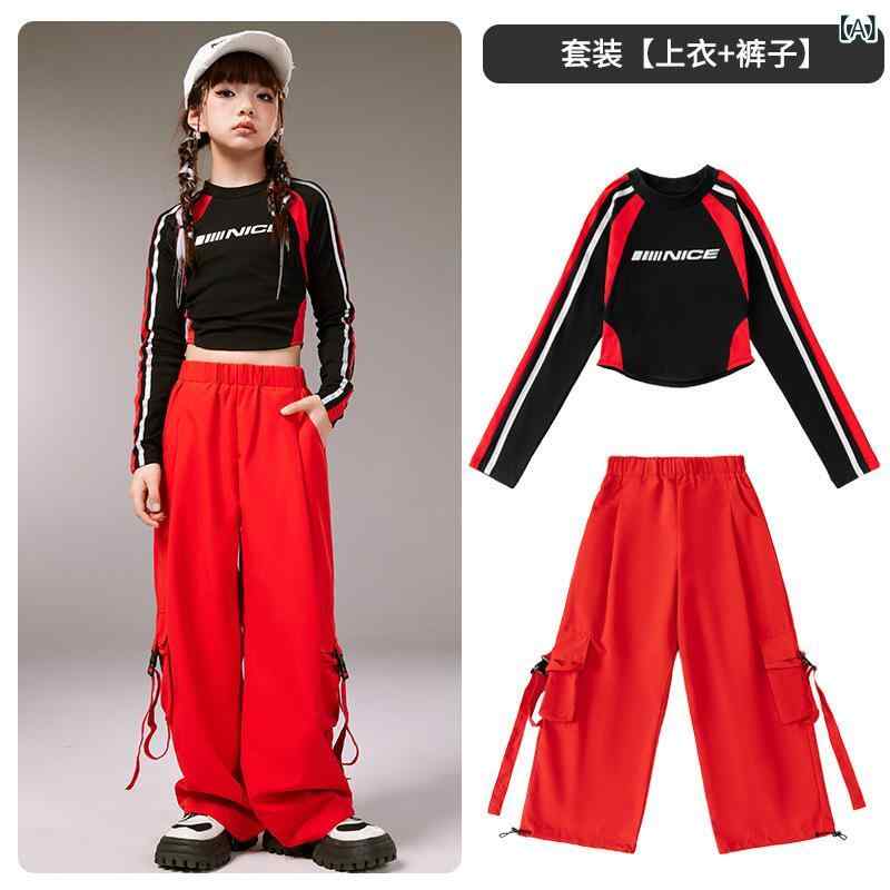 ヒップホップダンス衣装 子供 男の子 女の子 ストリートダンス服 演出服 セット バイカースタイル 長袖 トップス カーゴパンツ 黒 赤 冬 ポリエステル 軽量 伸縮性 普段使い パフォーマンス