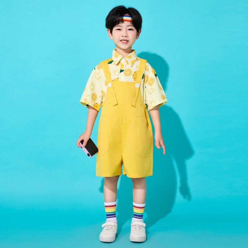 キッズ ダンス衣装 男の子 女の子 サスペンダーパンツ セット ヒップホップ スタイル 綿素材 夏 オレンジ 紫 緑 かわいい 果物柄 ドット柄 チア 合唱 表演 普段使い 伸縮性 軽量