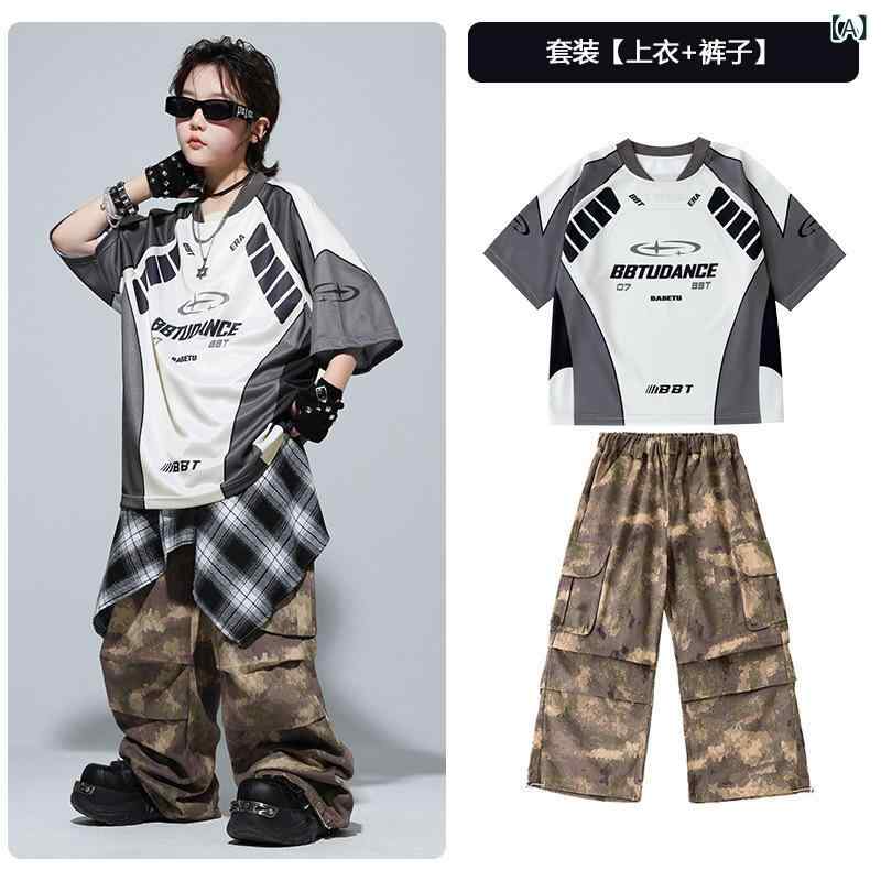 ダンス衣装 男の子 キッズ ストリートダンス ヒップホップ 迷彩柄 Tシャツ ロングパンツ セット 春夏 ライトグレー アルファベットプリント ステージ おしゃれ クール