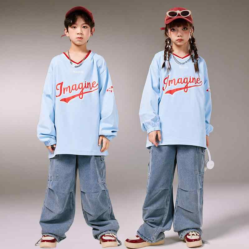 ダンス衣装 男の子 女の子 ヒップホップ ストリートダンス 中国風 ステージ セット スカイブルー Vネック トップス デニム ワークパンツ 冬 ポリエステル カジュアル