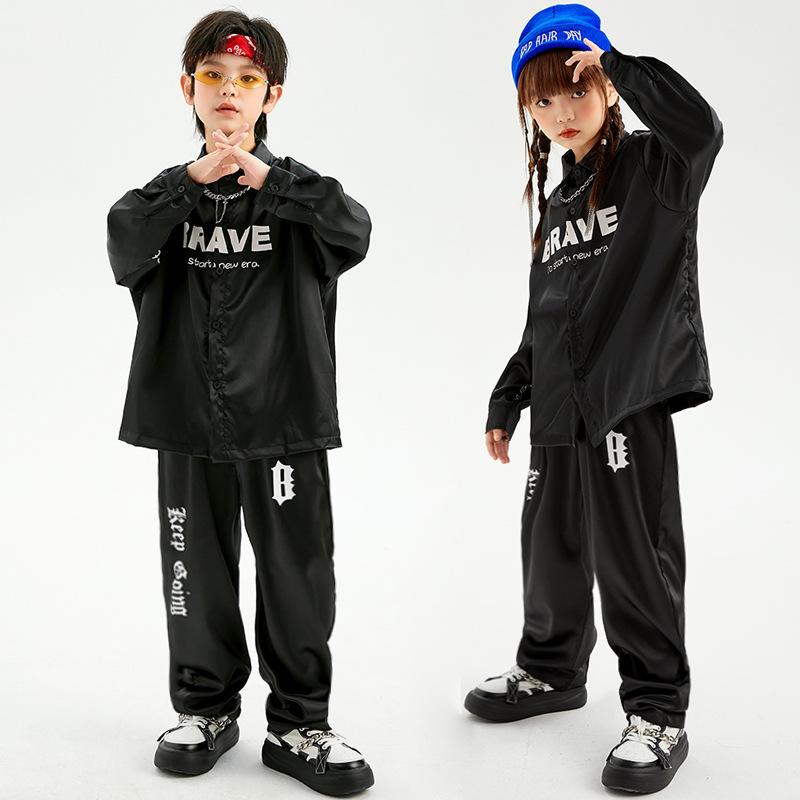 ヒップホップ 衣装 男の子 女の子 ゆったり シャツ パンツ セット 綿 素材 調 秋 黒 緑 ストリートダンス 表演服 ジュニア 普段使い 伸縮性