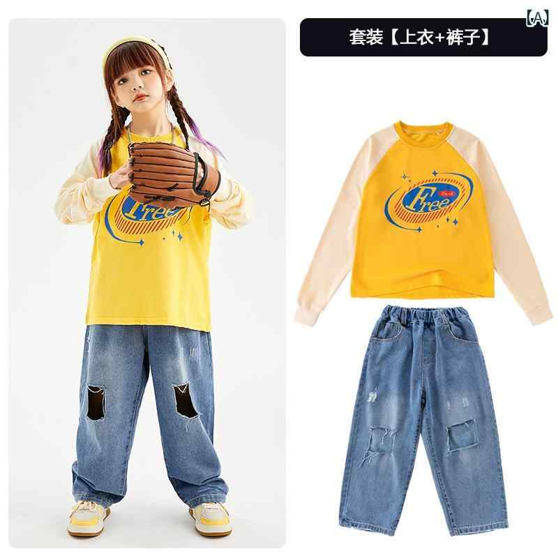 パーカー 男の子 女の子 ヒップホップ ダンス ストリート ジャズ ルーズフィット 綿素材 秋 黄色 紫 破れジーンズ セット 普段使い