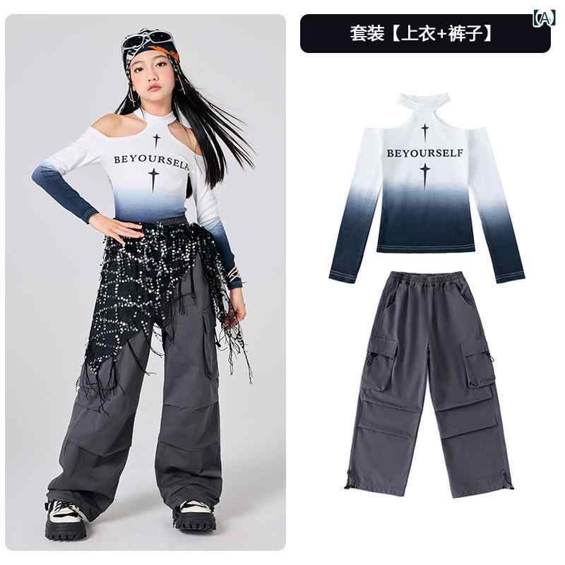 ダンス衣装 男の子 女の子 ヒップホップ ストリートダンス 夏 綿 オフショルダー グラデーション 長袖 トップス カーゴパンツ グレー セット 子供 パフォーマンス ステージ ウェア 快適 伸縮性 普段使い