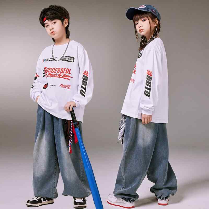キッズ ダンス衣装 男の子 女の子 ヒップホップ ストリートスタイル セット 白 長袖 ライダースジャケット 青 ワッシュドデニムパンツ コットン 春秋 おしゃれ パフォーマンス