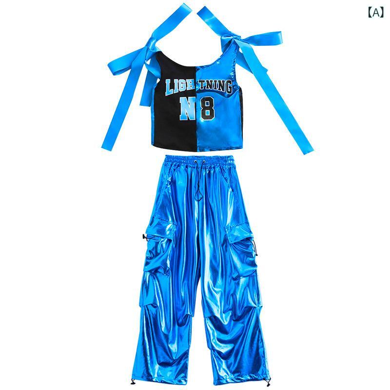子供 ダンス衣装 男の子 女の子 ストリートダンス ヒップホップ ジャズ 練習服 夏 コットン ポリエステル ブルー 黒 切り替え 吊り帯 長ズボン ステージ ファッション 潮 酷 普段使い 軽量 伸縮性 吸湿速乾