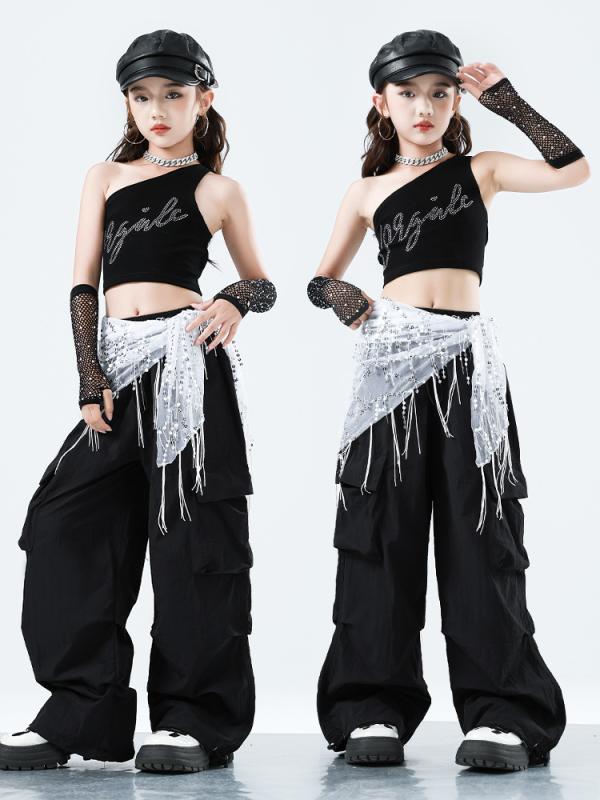 ダンス衣装 女の子 ヒップホップ ストリートダンス セット クロップド オフショルダー トップス カーゴパンツ 綿 柔軟 春夏 練習着 黒 子供 表演服 4,199円